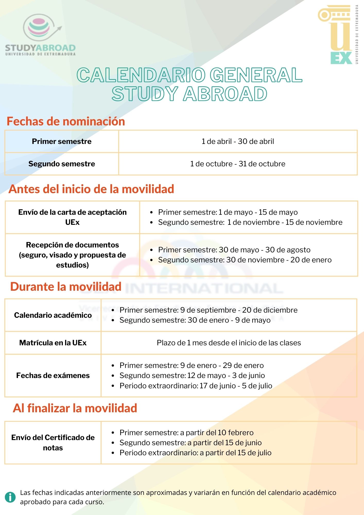 Calendario General del programa Study Abroad